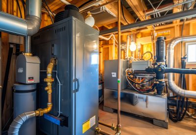 A gas furnace alongside a water heater in a home