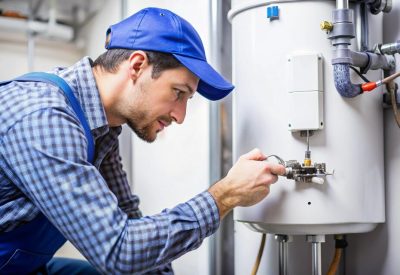 A professional technician repairing a water heater