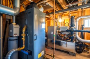 A gas furnace alongside a water heater in a home